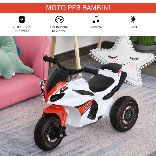 HOMCOM-Triciclo-Moto-a-Tre-Ruote-Giocattolo-per-Bambini-18-36-Mesi-con-Musica-e-Fari-Bianco-e-Rosso