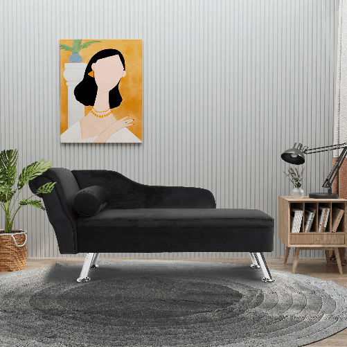 HOMCOM-Chaise-Longue-Divano-con-Cuscino-Rotondo-in-Flanella-160-x-56-x-75cm-Nero