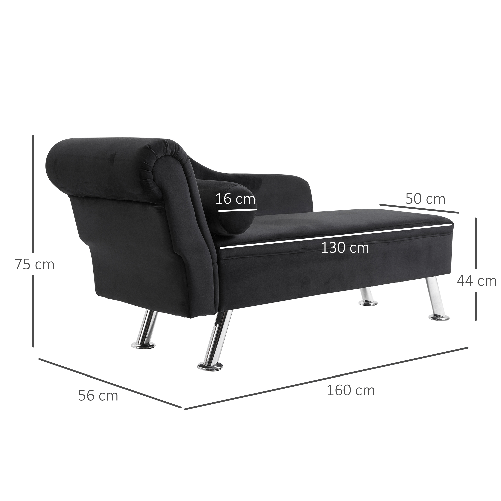 HOMCOM-Chaise-Longue-Divano-con-Cuscino-Rotondo-in-Flanella-160-x-56-x-75cm-Nero