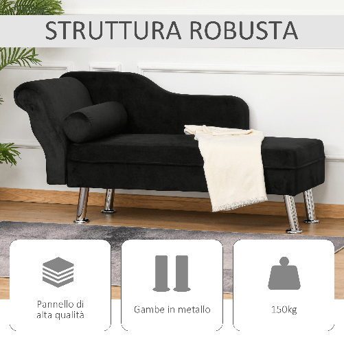 HOMCOM-Chaise-Longue-Divano-con-Cuscino-Rotondo-in-Flanella-160-x-56-x-75cm-Nero
