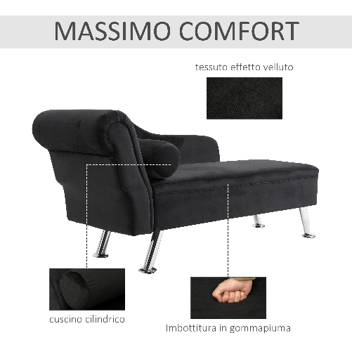 HOMCOM-Chaise-Longue-Divano-con-Cuscino-Rotondo-in-Flanella-160-x-56-x-75cm-Nero