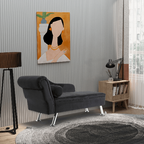HOMCOM-Chaise-Longue-Divano-con-Cuscino-Rotondo-in-Flanella-160-x-56-x-75cm-Nero