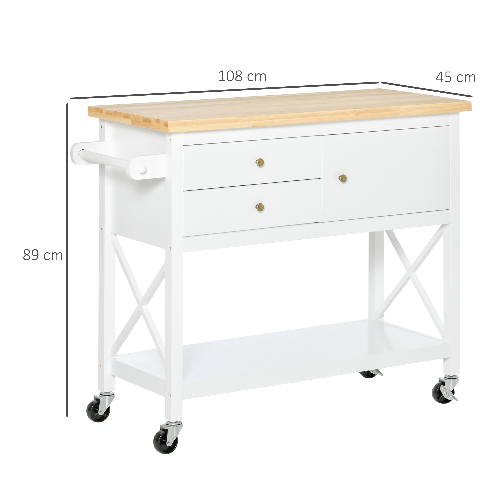 HOMCOM-Carrello-da-Cucina-Salvaspazio-in-Legno-Carrello-Portavivande-Multiuso-con-4-Ruote-2-Cassetti-e-Ripiano-108x45x89cm-Bianco