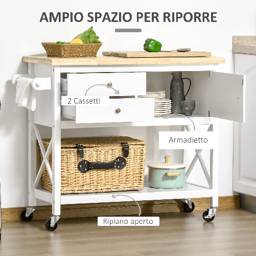 HOMCOM-Carrello-da-Cucina-Salvaspazio-in-Legno-Carrello-Portavivande-Multiuso-con-4-Ruote-2-Cassetti-e-Ripiano-108x45x89cm-Bianco