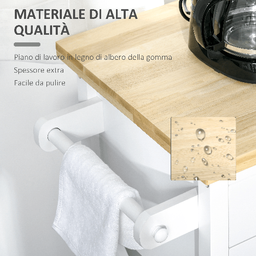 HOMCOM-Carrello-da-Cucina-Salvaspazio-in-Legno-Carrello-Portavivande-Multiuso-con-4-Ruote-2-Cassetti-e-Ripiano-108x45x89cm-Bianco