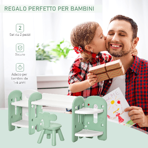 HOMCOM-Tavolo-e-Sedia-per-Bambini-1-4-Anni-con-Ripiani-Laterali-Set-2-Pezzi-Tavolo-da-Gioco-per-Cameretta-in-PE-Verde-e-Bianco