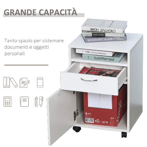 HOMCOM-Cassettiera-Portadocumenti-da-Ufficio-in-Legno-Bianco-con-2-Cassetti-4-Ruote-Ominidirezionali-40-x-35-x-60cm