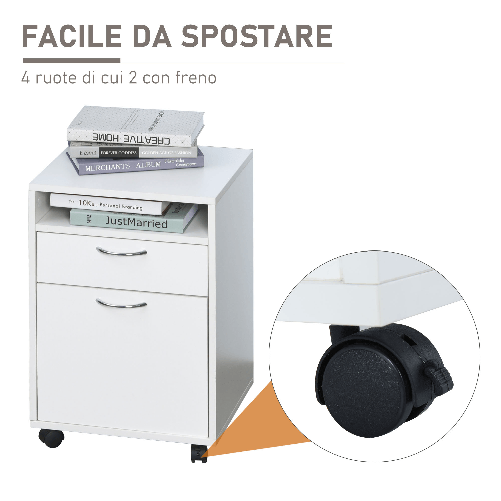 HOMCOM-Cassettiera-Portadocumenti-da-Ufficio-in-Legno-Bianco-con-2-Cassetti-4-Ruote-Ominidirezionali-40-x-35-x-60cm