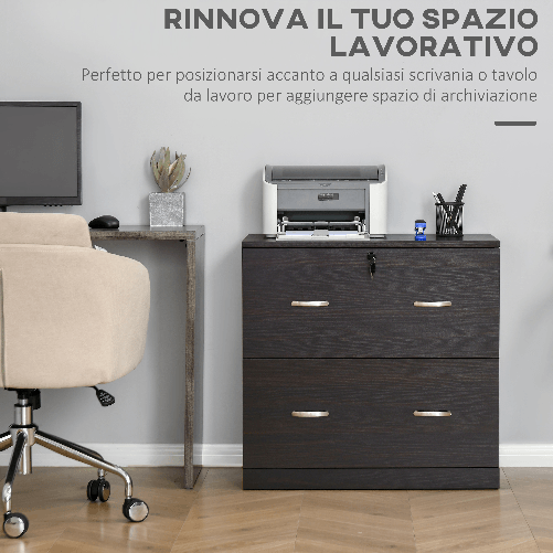 Vinsetto-Cassettiera-Ufficio-in-Legno-con-2-Cassetti-Serratura-e-2-Chiavi-Color-Noce