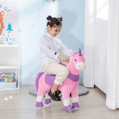 HOMCOM-Cavallo-a-Dondolo-con-Ruote-a-Forma-di-Unicorno-per-Bambini-da-3-6-Anni-70x32x87cm-Rosa