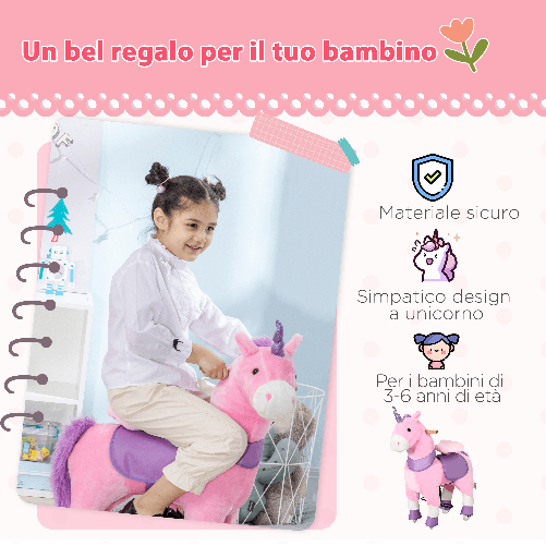 HOMCOM-Cavallo-a-Dondolo-con-Ruote-a-Forma-di-Unicorno-per-Bambini-da-3-6-Anni-70x32x87cm-Rosa