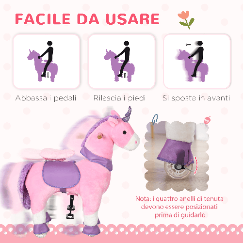 HOMCOM-Cavallo-a-Dondolo-con-Ruote-a-Forma-di-Unicorno-per-Bambini-da-3-6-Anni-70x32x87cm-Rosa