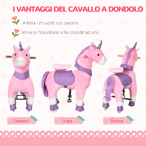 HOMCOM-Cavallo-a-Dondolo-con-Ruote-a-Forma-di-Unicorno-per-Bambini-da-3-6-Anni-70x32x87cm-Rosa