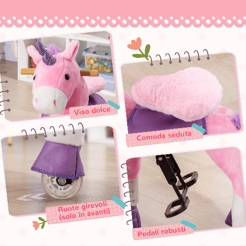 HOMCOM-Cavallo-a-Dondolo-con-Ruote-a-Forma-di-Unicorno-per-Bambini-da-3-6-Anni-70x32x87cm-Rosa