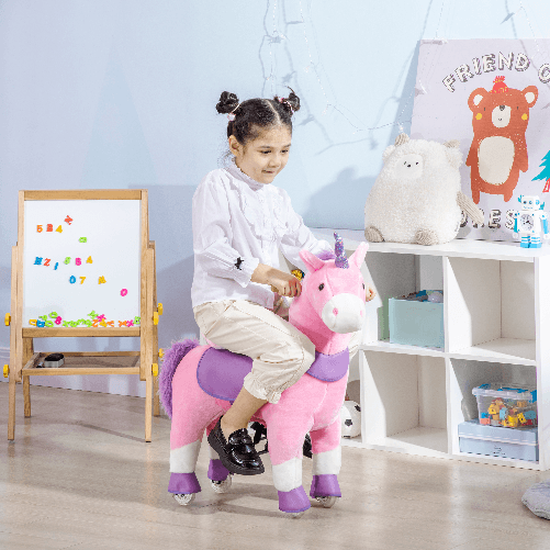 HOMCOM-Cavallo-a-Dondolo-con-Ruote-a-Forma-di-Unicorno-per-Bambini-da-3-6-Anni-70x32x87cm-Rosa