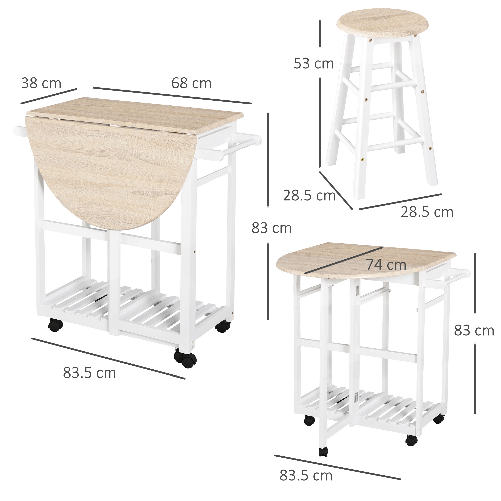 HOMCOM-Carrello-da-Cucina-Pieghevole-Mobile-da-Cucina-Salvaspazio-con-2-Sgabelli-2-Cassetti-5-Ruote--Rotazione-360°--Legno-MDF-Bianco