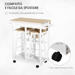 HOMCOM-Carrello-da-Cucina-Pieghevole-Mobile-da-Cucina-Salvaspazio-con-2-Sgabelli-2-Cassetti-5-Ruote--Rotazione-360°--Legno-MDF-Bianco