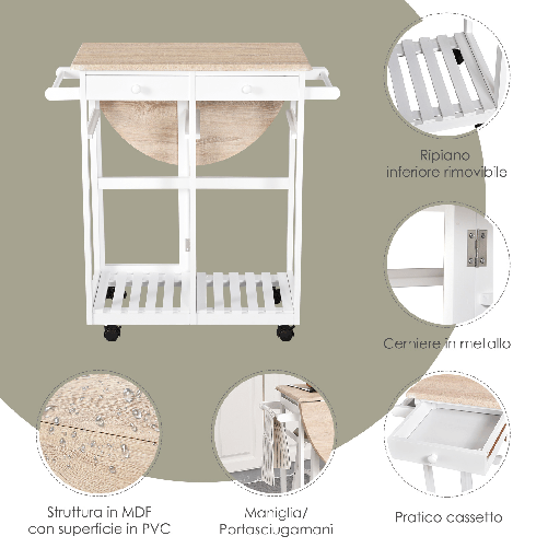 HOMCOM-Carrello-da-Cucina-Pieghevole-Mobile-da-Cucina-Salvaspazio-con-2-Sgabelli-2-Cassetti-5-Ruote--Rotazione-360°--Legno-MDF-Bianco