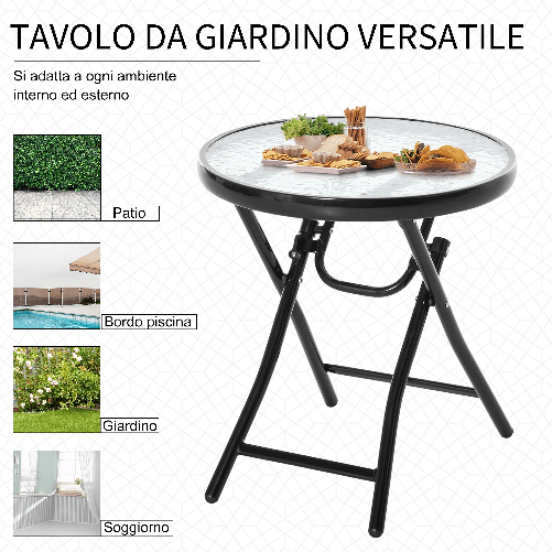 Outsunny-Tavolo-da-Giardino-Pieghevole-in-Metallo-Tavolino-da-Giardino-Piccolo-con-Ripiano-in-Vetro-e-Blocco-di-Sicurezza-Φ45x50cm-Nero