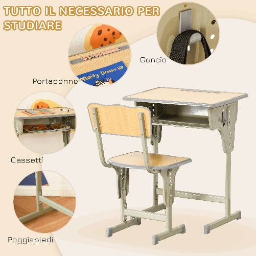 HOMCOM-Banco-Scuola-con-Sedia-per-Bambini-6-12-Anni-Altezza-Regolabile-Vano-Contenitore-e-Portapenne-Acciaio-e-MDF-Color-Legno