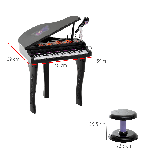 HOMCOM-Pianoforte-Elettrico-Giocattolo-Strumento-Musicale-per-Bambini-con-37-Tasti-Microfono-e-Sgabello-48x39x69cm-Nero