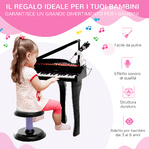 HOMCOM-Pianoforte-Elettrico-Giocattolo-Strumento-Musicale-per-Bambini-con-37-Tasti-Microfono-e-Sgabello-48x39x69cm-Nero