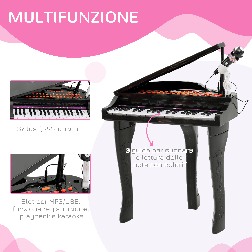 HOMCOM-Pianoforte-Elettrico-Giocattolo-Strumento-Musicale-per-Bambini-con-37-Tasti-Microfono-e-Sgabello-48x39x69cm-Nero