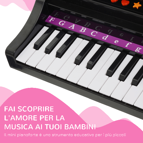 HOMCOM-Pianoforte-Elettrico-Giocattolo-Strumento-Musicale-per-Bambini-con-37-Tasti-Microfono-e-Sgabello-48x39x69cm-Nero