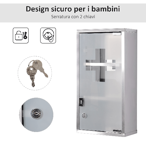 HOMCOM-Armadietto-Porta-Medicinali-in-Vetro-in-Acciaio-Porta-e-2-Chiavi-Pronto-Soccorso-Cassetta-Medicine-48x25cm