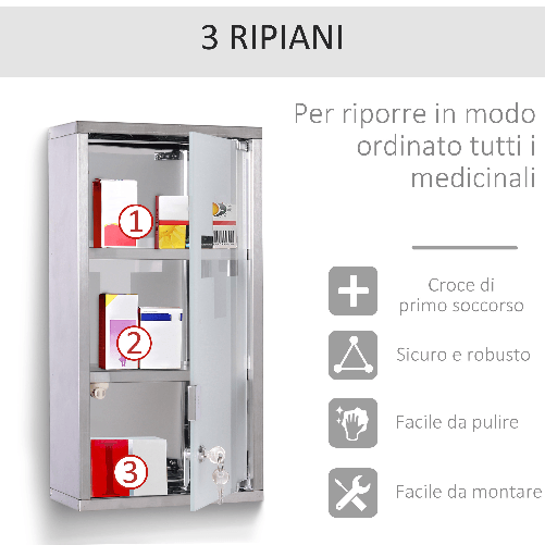 HOMCOM-Armadietto-Porta-Medicinali-in-Vetro-in-Acciaio-Porta-e-2-Chiavi-Pronto-Soccorso-Cassetta-Medicine-48x25cm