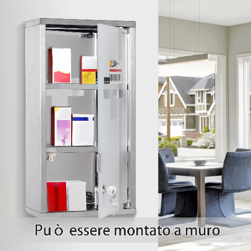 HOMCOM-Armadietto-Porta-Medicinali-in-Vetro-in-Acciaio-Porta-e-2-Chiavi-Pronto-Soccorso-Cassetta-Medicine-48x25cm