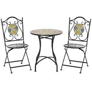 Outsunny Set Tavolo e Sedie da Balcone 3 Pezzi, Set da Giardino Pieghevoli in Metallo con Maioliche Colorate, Multicolore