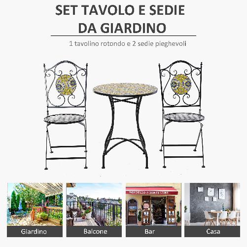 Outsunny-Set-Tavolo-e-Sedie-da-Balcone-3-Pezzi-Set-da-Giardino-Pieghevoli-in-Metallo-con-Maioliche-Colorate-Multicolore