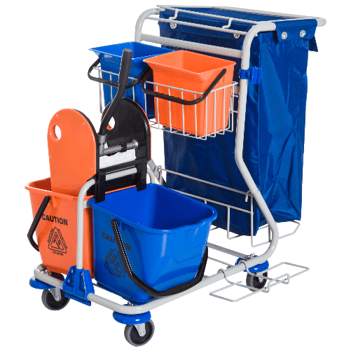 HOMCOM-Carrello-Pulizie-Professionale-con-4-Secchi-18l-6l-Sacco-Spazzatura-Impermeabile-Blu-e-Arancione-100x70x103cm