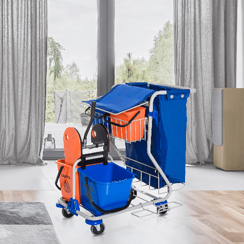 HOMCOM-Carrello-Pulizie-Professionale-con-4-Secchi-18l-6l-Sacco-Spazzatura-Impermeabile-Blu-e-Arancione-100x70x103cm