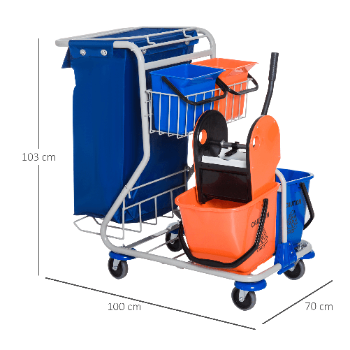 HOMCOM-Carrello-Pulizie-Professionale-con-4-Secchi-18l-6l-Sacco-Spazzatura-Impermeabile-Blu-e-Arancione-100x70x103cm