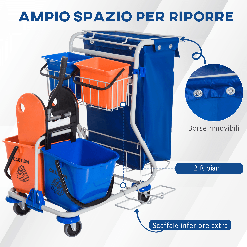 HOMCOM-Carrello-Pulizie-Professionale-con-4-Secchi-18l-6l-Sacco-Spazzatura-Impermeabile-Blu-e-Arancione-100x70x103cm