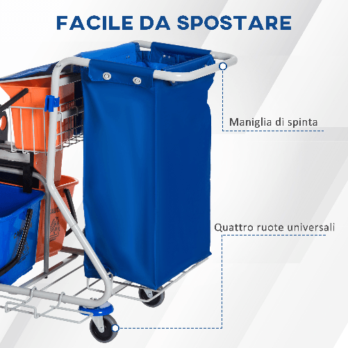 HOMCOM-Carrello-Pulizie-Professionale-con-4-Secchi-18l-6l-Sacco-Spazzatura-Impermeabile-Blu-e-Arancione-100x70x103cm