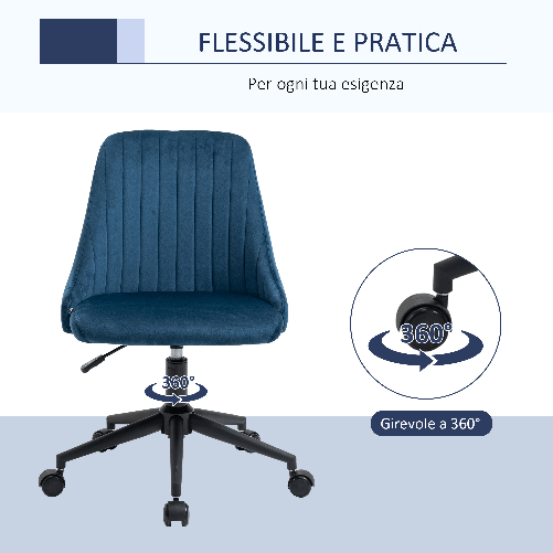 Vinsetto-Sedia-da-Ufficio-in-Velluto-Blu-con-Altezza-Regolabile-Sedia-Ergonomica-Girevole-a-360°-e-Ruote-50x58x77-87cm