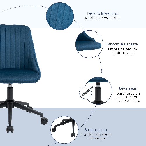 Vinsetto-Sedia-da-Ufficio-in-Velluto-Blu-con-Altezza-Regolabile-Sedia-Ergonomica-Girevole-a-360°-e-Ruote-50x58x77-87cm