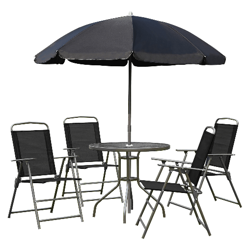 Outsunny---Set-Mobili-da-Giardino-in-Tubi-d-Acciaio-6-pz-Set-di-Tavolo-Sedia-e-Ombrellone-Nero