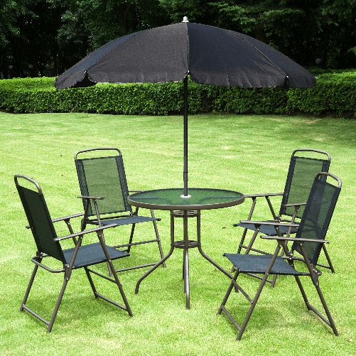 Outsunny---Set-Mobili-da-Giardino-in-Tubi-d-Acciaio-6-pz-Set-di-Tavolo-Sedia-e-Ombrellone-Nero