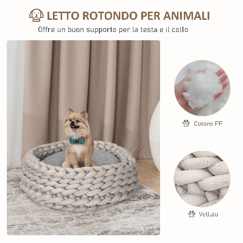 PawHut-Cuccia-per-Cani-e-Gatti-Rotonda-con-Bordi-Rialzati-e-Cuscino-Lettino-per-Cani-Imbottito-Effetto-Velluto-Φ50x19cm-Grigio