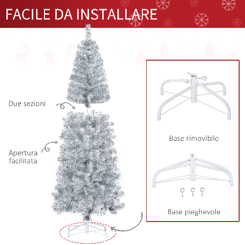 HOMCOM-Albero-di-Natale-Artificiale-Alto-180cm-con-618-Rami-Albero-di-Natale-Slim-con-Base-Rimovibile-in-PET-e-Acciaio-Argento