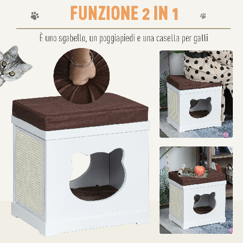 PawHut-Cuccia-per-Gatti-in-Legno-con-2-Cuscini-e-Tiragraffi-Rimovibili-Bianco