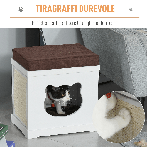 PawHut-Cuccia-per-Gatti-in-Legno-con-2-Cuscini-e-Tiragraffi-Rimovibili-Bianco