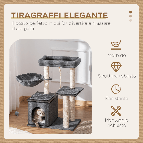 PawHut-Albero-Tiragraffi-per-Gatti-con-Lettino-Amaca-Casetta-e-Pali-in-Sisal-60x40x83cm-Grigio