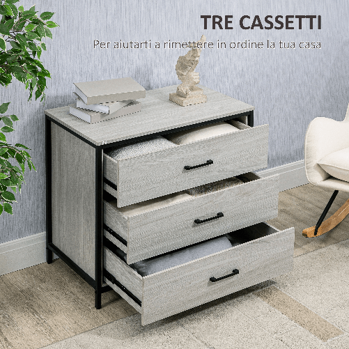 HOMCOM-Cassettiera-con-3-Cassetti-in-Legno-e-Acciaio-per-Camera-e-Soggiorno-80x48x78cm-Grigio-Chiaro