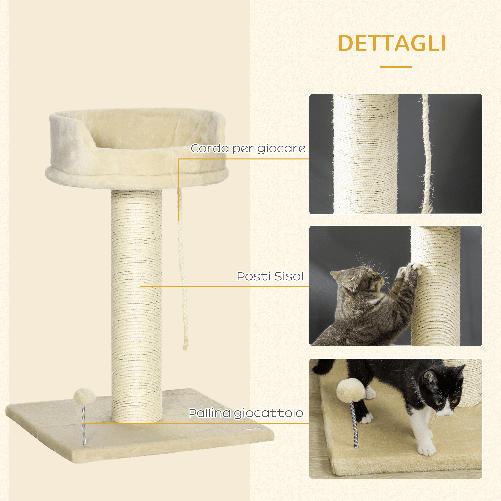 PawHut-Albero-Tiragraffi-per-Gatti-con-Lettino-e-Pallina-in-Peluche-e-Palo-in-Sisal-55x55x83cm-Beige