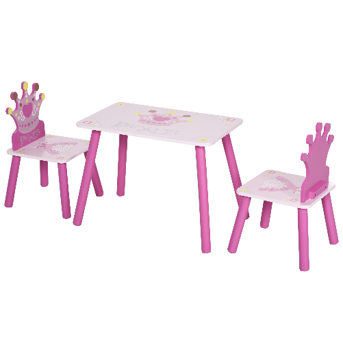 HOMCOM-Set-Tavolo-e-2-Sedie-Tema-Principesse-per-Cameretta-Bambini-in-Legno-Rosa